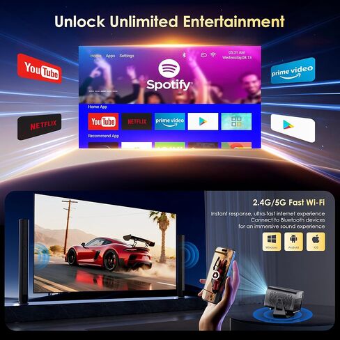 جهاز عرض صغير مع WiFi و Bluetooth و Electric Focus & Vertical Keystone ، ودعم 1080 بكسل HD 4K ، وجهاز عرض ذكي مع تطبيقات بث مدمجة ، وجهاز عرض محمول للفيلم الخارجي والمنزل in Kuwait
