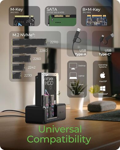 M.2 NVME & SATA SSD/HDD محطة لرسو القرص الصلب ، مربع جليدي USB-C 10GBPS M.2 NVME & SATA CLONER & READER ، Dual Bay Drive Hard Cloner لـ 2.5 "/3.5" SSD & HDD HARD DREVE in Kuwait