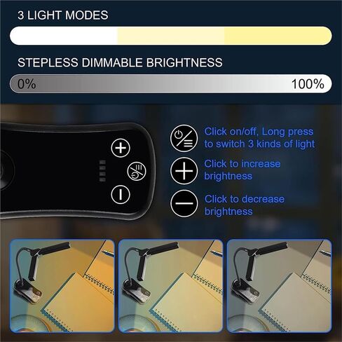 LED Clip On Book Light 3 Colors 8 Brightness USB Rechargeable Night Light Portable Reading Book Lamp Mini Desk Lamp(Black) in Saudi Arabia