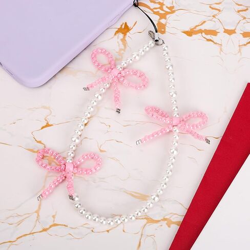 Bow Phone Charms, Pink Bow Pearl Beaded Phone Charm Cute Cellphone Accessories Pearl Bowknot Cellphone Charm Strap for Bag Keychain Camera in Saudi Arabia