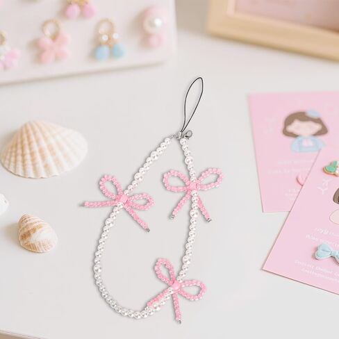 Bow Phone Charms, Pink Bow Pearl Beaded Phone Charm Cute Cellphone Accessories Pearl Bowknot Cellphone Charm Strap for Bag Keychain Camera in Saudi Arabia