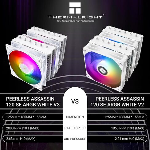 Thermalright Peerless Assassin 120 SE Argb White V3 CPU COWER ، 6 أنابيب حرارة AGHP تقنية ، عشاق PWM مزدوجة 12 سم ، سرعة 2000 دورة في الدقيقة ، AMD RYZEN AM5/AM4 ، Intel LGA 1700/1851/115X ، PC Heathink التبريد in Saudi Arabia
