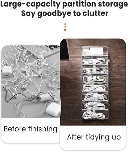 Cable Organizer Kit with 8-Compartment Cord Storage Box (with Lid) and 10 Wire Ties, Clear Plastic Desk Organizer for Cables, Chargers, Accessories for Home Office in Saudi Arabia