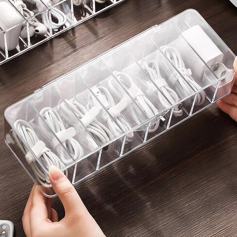 Cable Organizer Kit with 8-Compartment Cord Storage Box (with Lid) and 10 Wire Ties, Clear Plastic Desk Organizer for Cables, Chargers, Accessories for Home Office in Saudi Arabia