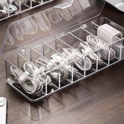 Cable Organizer Kit with 8-Compartment Cord Storage Box (with Lid) and 10 Wire Ties, Clear Plastic Desk Organizer for Cables, Chargers, Accessories for Home Office in Saudi Arabia
