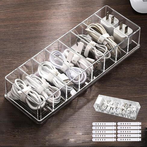 Cable Organizer Kit with 8-Compartment Cord Storage Box (with Lid) and 10 Wire Ties, Clear Plastic Desk Organizer for Cables, Chargers, Accessories for Home Office in Saudi Arabia