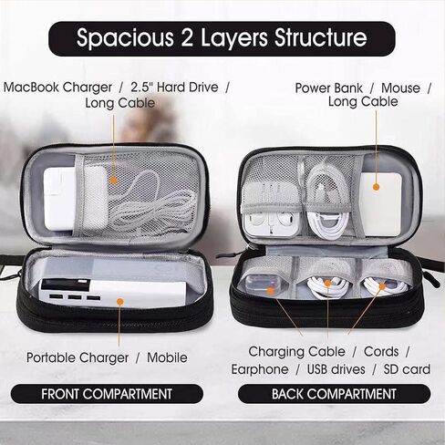 Travel Electronics Organizer - Double Layer Compact Cable Storage Case with Hand Strap for Chargers, Phones, Accessories （Navy Blue） in Saudi Arabia