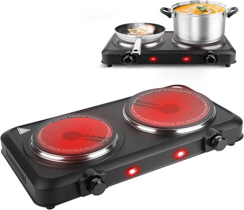 2000W Hot Plate,Portable Electric Stove Countertop Double Burner Infrared Burner with 7.5" & 6.3" Ceramic Glass Cooktop Stepless Temperature Adjustments for Home in Kuwait