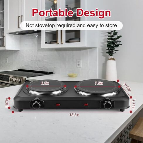 2000W Hot Plate,Portable Electric Stove Countertop Double Burner Infrared Burner with 7.5" & 6.3" Ceramic Glass Cooktop Stepless Temperature Adjustments for Home in Kuwait