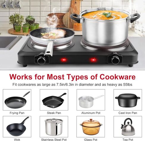 2000W Hot Plate,Portable Electric Stove Countertop Double Burner Infrared Burner with 7.5" & 6.3" Ceramic Glass Cooktop Stepless Temperature Adjustments for Home in Kuwait