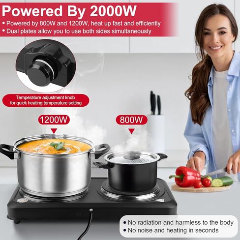 2000W Hot Plate,Portable Electric Stove Countertop Double Burner Infrared Burner with 7.5" & 6.3" Ceramic Glass Cooktop Stepless Temperature Adjustments for Home in Kuwait