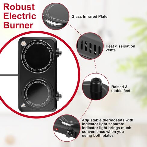 2000W Hot Plate,Portable Electric Stove Countertop Double Burner Infrared Burner with 7.5" & 6.3" Ceramic Glass Cooktop Stepless Temperature Adjustments for Home in Kuwait