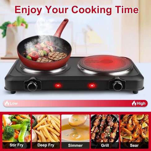 2000W Hot Plate,Portable Electric Stove Countertop Double Burner Infrared Burner with 7.5" & 6.3" Ceramic Glass Cooktop Stepless Temperature Adjustments for Home in Kuwait