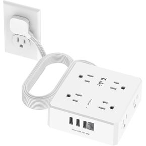 10 Ft Flat Extension Cord, Tcstei Ultra-Thin Flat Plug Surge Protector Power Strip, 3-Sided Outlet Extender, 8 AC Outlets and 4 USB Ports(1 USB C) for Home, Office, Dorm Room Essentials, ETL, White in Saudi Arabia