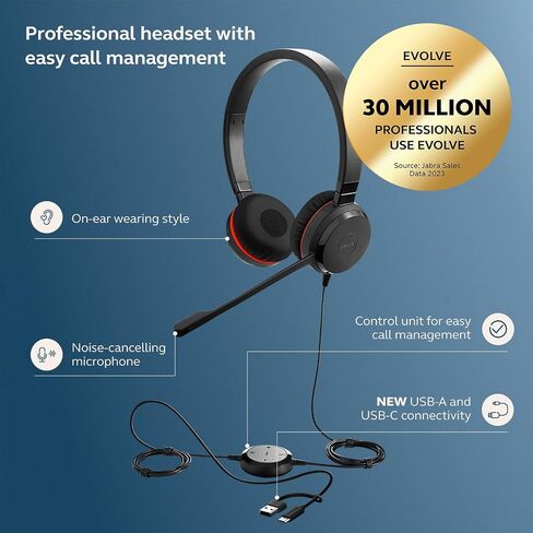 Jabra Evolve 20 SE SELED DUAL-OER مع ميكروفون للعمل ، وسماعات الرأس السلكية USB-A و USB-C ، تعمل مع منصات الاجتماعات عبر الإنترنت ، والراحة على الأذن ، وتتصل بأجهزة الكمبيوتر المحمولة وأجهزة iPhone & Android in Saudi Arabia