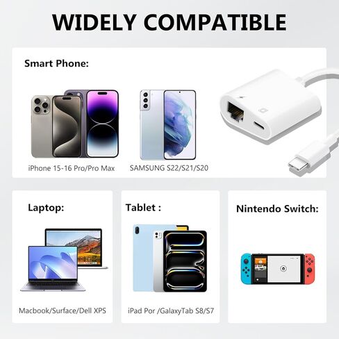USB C to Ethernet Adapter, 2-in-1 USB C to RJ45 Ethernet Adapter with 60W Type C PD Charging Port Supports 100Mbps, LAN Network Compatible with iPhone16/15, MacBook, Android in Saudi Arabia