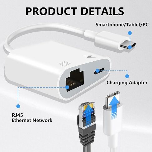 USB C to Ethernet Adapter, 2-in-1 USB C to RJ45 Ethernet Adapter with 60W Type C PD Charging Port Supports 100Mbps, LAN Network Compatible with iPhone16/15, MacBook, Android in Saudi Arabia