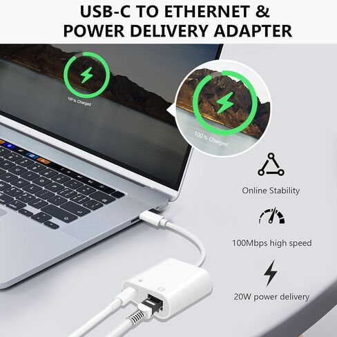 USB C to Ethernet Adapter, 2-in-1 USB C to RJ45 Ethernet Adapter with 60W Type C PD Charging Port Supports 100Mbps, LAN Network Compatible with iPhone16/15, MacBook, Android in Saudi Arabia