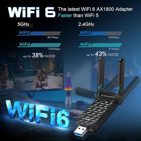 AX1800 USB WIFI 6 Adapter Na1602 ، محول WiFi مزدوج النطاق للكمبيوتر الشخصي على سطح المكتب مع 2 هوائيات ، WPA3 ， MU-MIMO ， 2.4 جيجا هرتز/5 جيجا هرتز USB 3.0 WIFI Dongle متوافقة مع Windows 10/11 in Kuwait
