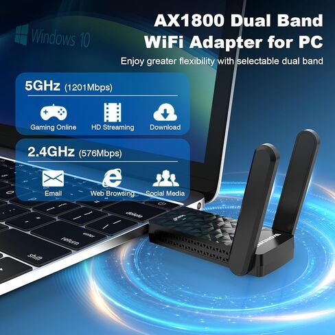 AX1800 USB WIFI 6 Adapter Na1602 ، محول WiFi مزدوج النطاق للكمبيوتر الشخصي على سطح المكتب مع 2 هوائيات ، WPA3 ， MU-MIMO ， 2.4 جيجا هرتز/5 جيجا هرتز USB 3.0 WIFI Dongle متوافقة مع Windows 10/11 in Kuwait