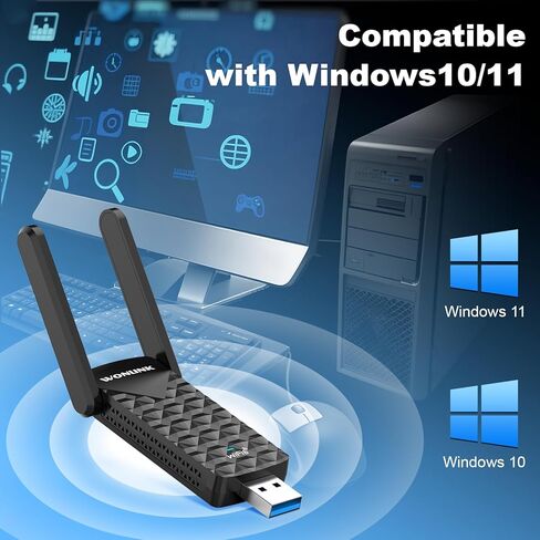AX1800 USB WIFI 6 Adapter Na1602 ، محول WiFi مزدوج النطاق للكمبيوتر الشخصي على سطح المكتب مع 2 هوائيات ، WPA3 ， MU-MIMO ， 2.4 جيجا هرتز/5 جيجا هرتز USB 3.0 WIFI Dongle متوافقة مع Windows 10/11 in Kuwait