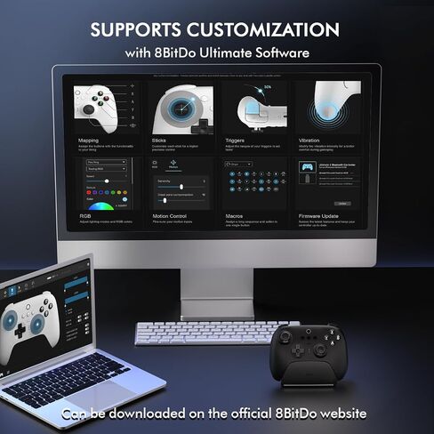 وحدة تحكم Bluetooth Ultimate 8Bitdo مع شحن Dock من أجل التبديل/التبديل 2 ، Windows Steam Deck & PC ، 2.4G اللاسلكي Pro Gamepad مع أزرار الظهر ، Hall Effect Bowsticks (Black) in Kuwait