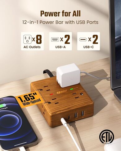 SUPERDANNY Brown Extension Cord 10Ft, Flat Plug Power Strip Surge Protector in Kuwait