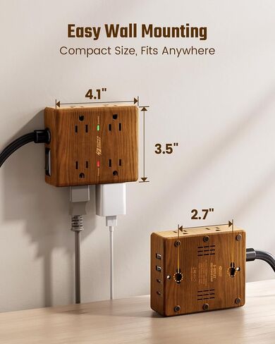 SUPERDANNY Brown Extension Cord 10Ft, Flat Plug Power Strip Surge Protector in Kuwait