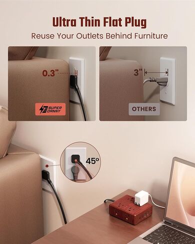 SUPERDANNY Brown Extension Cord 10Ft, Flat Plug Power Strip Surge Protector in Kuwait