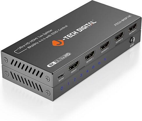 J-Tech Digital 8K HDMI Splitter 1 in 4 Out ، HDMI 2.1 1x4 SPLITTER 8K@60HZ 4K@120HZ 1080P@240HZ ، DUPLICATE/MIRROR SCREW 3 ODDES مع Downscaling HDCP 2.3 [JTECH-8KSP14E] in Saudi Arabia