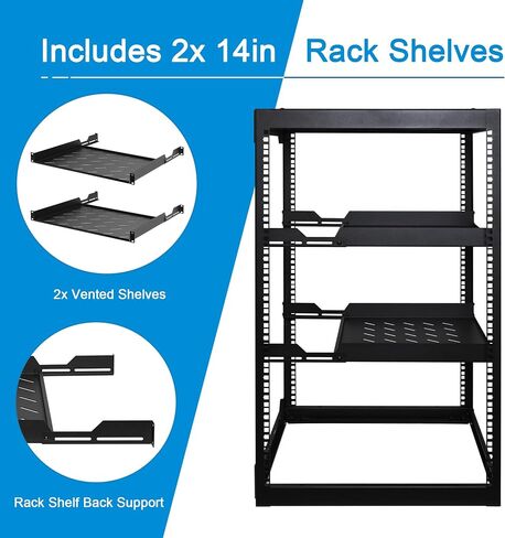 Rackpath 16U رف شبكة إطار مفتوح مع 2x 14in vateed 1u رفوف الدعم الخلفي ، خزانة شبكة الجدار/الأرضية ، سعة شاقة 150 رطلا لتكنولوجيا المعلومات والمعدات الصوتية والفيديو in Kuwait