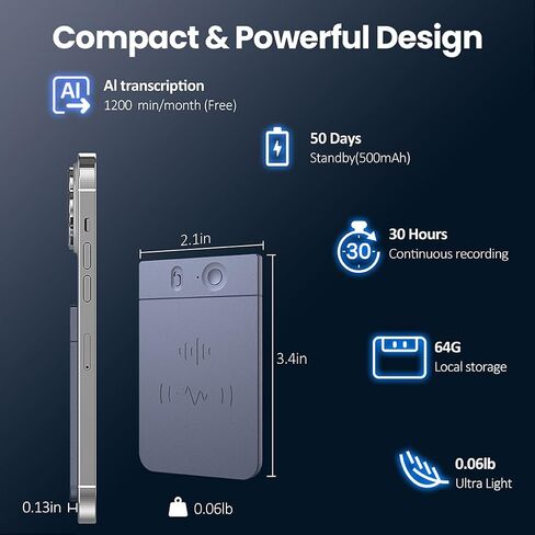 AI Recorder Note Trans Device App Control Transcription Transcription 112 Languages ​​Grabadora de Voz لعقد اجتماعات المحاضرات تدعو الحالة المغناطيسية 64 جيجابايت (الأزرق) in Saudi Arabia