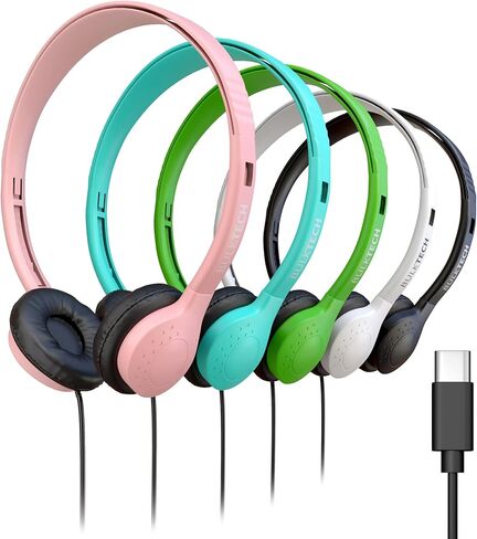 5 Pack Bulk Wired Headphones, Leather, USB-C, On-Ear, Compatible with Phone, Tablet, Laptop, PC for School, Online Class, Meeting, Web Conference, Practice, Test, Mix in Saudi Arabia