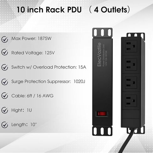 10 inch Rack PDU, 4 Rear Outlets, 1020J Surge Protection &15A Overload Switch, 1U RackMount, Rack Mount Power Strips for 10'' Mini Server Network Cabinets/Rack/Self, 6ft Cable in Saudi Arabia