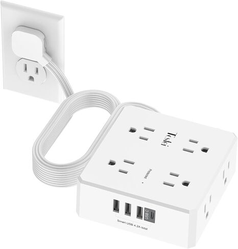 10 Ft Flat Extension Cord, Tcstei Ultra-Thin Flat Plug Surge Protector Power Strip, 3-Sided Outlet Extender, 8 AC Outlets and 4 USB Ports(1 USB C) for Home, Office, Dorm Room Essentials, ETL, White in Saudi Arabia