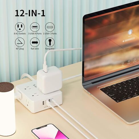 10 Ft Flat Extension Cord, Tcstei Ultra-Thin Flat Plug Surge Protector Power Strip, 3-Sided Outlet Extender, 8 AC Outlets and 4 USB Ports(1 USB C) for Home, Office, Dorm Room Essentials, ETL, White in Saudi Arabia