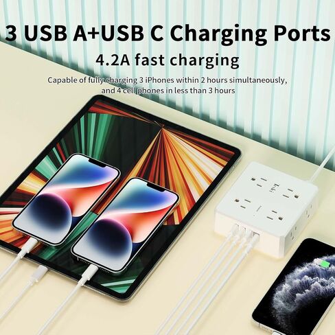 10 Ft Flat Extension Cord, Tcstei Ultra-Thin Flat Plug Surge Protector Power Strip, 3-Sided Outlet Extender, 8 AC Outlets and 4 USB Ports(1 USB C) for Home, Office, Dorm Room Essentials, ETL, White in Saudi Arabia