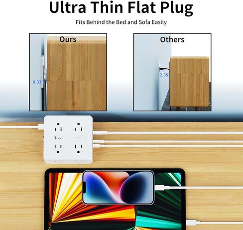 10 Ft Flat Extension Cord, Tcstei Ultra-Thin Flat Plug Surge Protector Power Strip, 3-Sided Outlet Extender, 8 AC Outlets and 4 USB Ports(1 USB C) for Home, Office, Dorm Room Essentials, ETL, White in Saudi Arabia