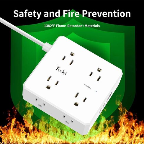10 Ft Flat Extension Cord, Tcstei Ultra-Thin Flat Plug Surge Protector Power Strip, 3-Sided Outlet Extender, 8 AC Outlets and 4 USB Ports(1 USB C) for Home, Office, Dorm Room Essentials, ETL, White in Saudi Arabia