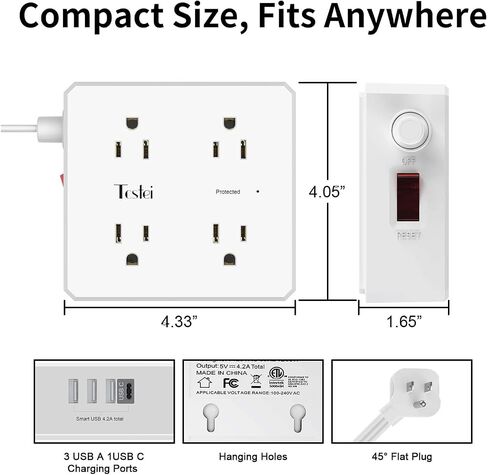 10 Ft Flat Extension Cord, Tcstei Ultra-Thin Flat Plug Surge Protector Power Strip, 3-Sided Outlet Extender, 8 AC Outlets and 4 USB Ports(1 USB C) for Home, Office, Dorm Room Essentials, ETL, White in Saudi Arabia