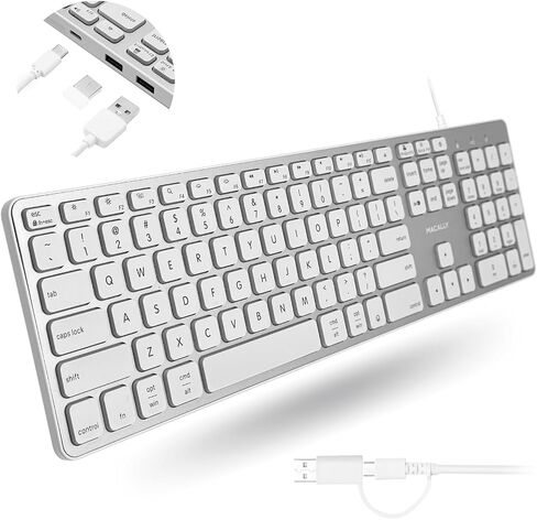 Macally Wired Keyboard for Mac with USB Hub (2X USB-A / 1x USB-C) - Compatible Backlit Apple Keyboard with Dual Interface - Auto OS Detection for Mac, MacBook, iMac, PC, Android, iPad, iOS - Silver in Saudi Arabia