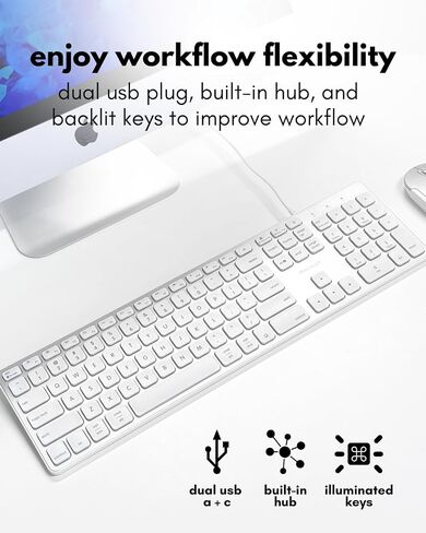 Macally Wired Keyboard for Mac with USB Hub (2X USB-A / 1x USB-C) - Compatible Backlit Apple Keyboard with Dual Interface - Auto OS Detection for Mac, MacBook, iMac, PC, Android, iPad, iOS - Silver in Saudi Arabia