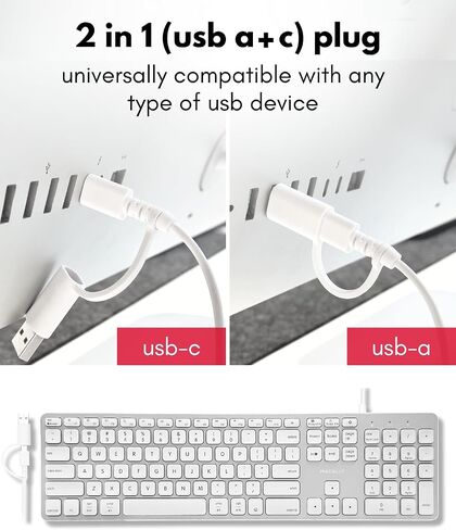 Macally Wired Keyboard for Mac with USB Hub (2X USB-A / 1x USB-C) - Compatible Backlit Apple Keyboard with Dual Interface - Auto OS Detection for Mac, MacBook, iMac, PC, Android, iPad, iOS - Silver in Saudi Arabia