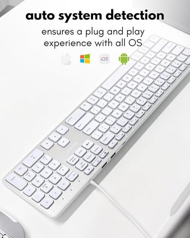 Macally Wired Keyboard for Mac with USB Hub (2X USB-A / 1x USB-C) - Compatible Backlit Apple Keyboard with Dual Interface - Auto OS Detection for Mac, MacBook, iMac, PC, Android, iPad, iOS - Silver in Saudi Arabia