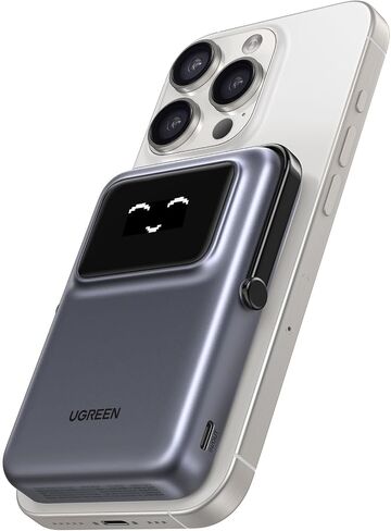 UGREEN Uno 10000mAh Magnetic Portable Charger, Qi 7.5W Wireless Power Bank, PD 20W USB C Battery Pack with Foldable Stand and TFT Display MagSafe Compatible iPhone 16/15 /14/13/12 Series, Black in Kuwait