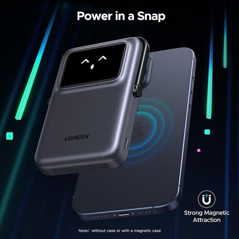 UGREEN Uno 10000mAh Magnetic Portable Charger, Qi 7.5W Wireless Power Bank, PD 20W USB C Battery Pack with Foldable Stand and TFT Display MagSafe Compatible iPhone 16/15 /14/13/12 Series, Black in Kuwait