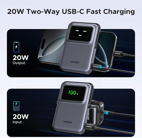 UGREEN Uno 10000mAh Magnetic Portable Charger, Qi 7.5W Wireless Power Bank, PD 20W USB C Battery Pack with Foldable Stand and TFT Display MagSafe Compatible iPhone 16/15 /14/13/12 Series, Black in Kuwait