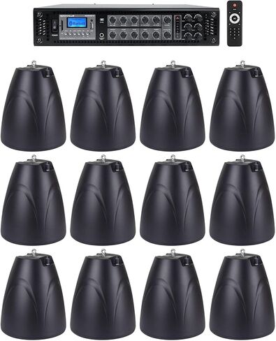 Rockville Bundle RCS350-6 350 واط 6 منطقة 70 فولت التجارية/AMP/Bluetooth Bundle مع (12) Pen-65t أسود 6.5 "70 فولت سماعات قلادة معلقة (13 عنصر) in Saudi Arabia