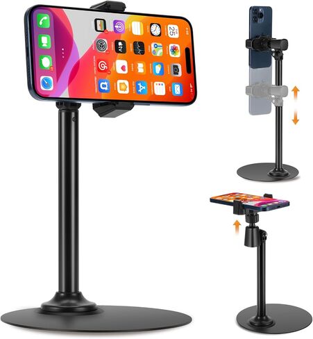 Adjustable Phone Stand for Desk with Clip Mount Live Streaming: 360° Rotatable Overhead Shot Holder with Sturdy Metal Base, Compatible with TikTok, YouTube, Zoom Video Recording (Black) in Saudi Arabia
