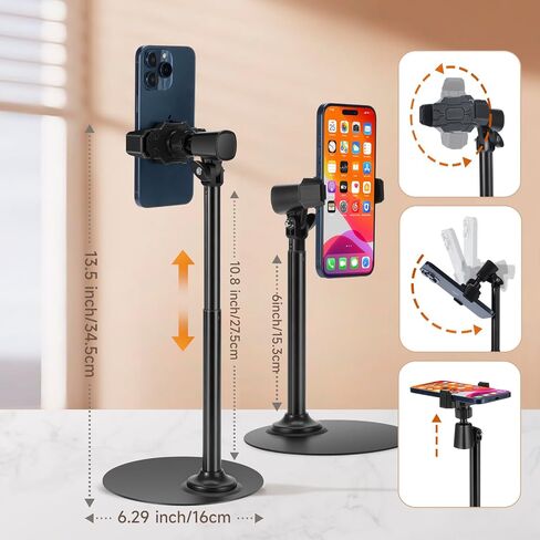 Adjustable Phone Stand for Desk with Clip Mount Live Streaming: 360° Rotatable Overhead Shot Holder with Sturdy Metal Base, Compatible with TikTok, YouTube, Zoom Video Recording (Black) in Saudi Arabia
